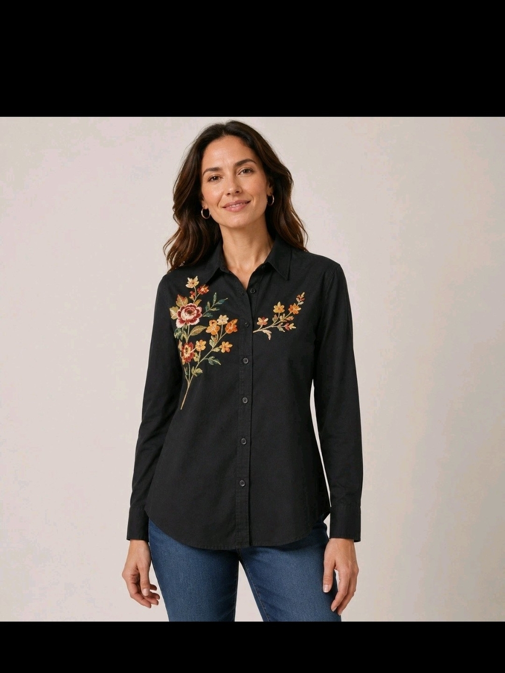 Black Embroidered Floral Button-Up Shirt - Womens Size 2 Or XL